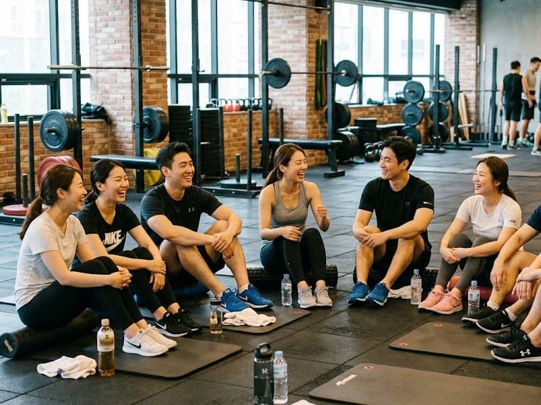 한 기수 수강생들이 수업 뒤 매트에 둘러앉아 이야기하는 모습